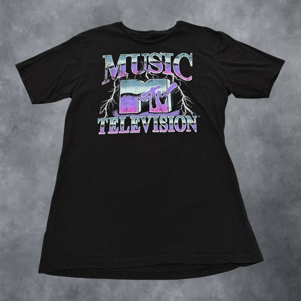 MTV Music Television Graphic Tee Black Cotton Retro Lightning Logo Shirt Large